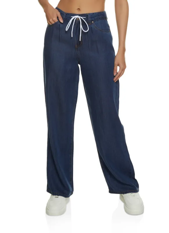 Chambray Drawstring Waist Wide Leg Jeans sold by Rainbow