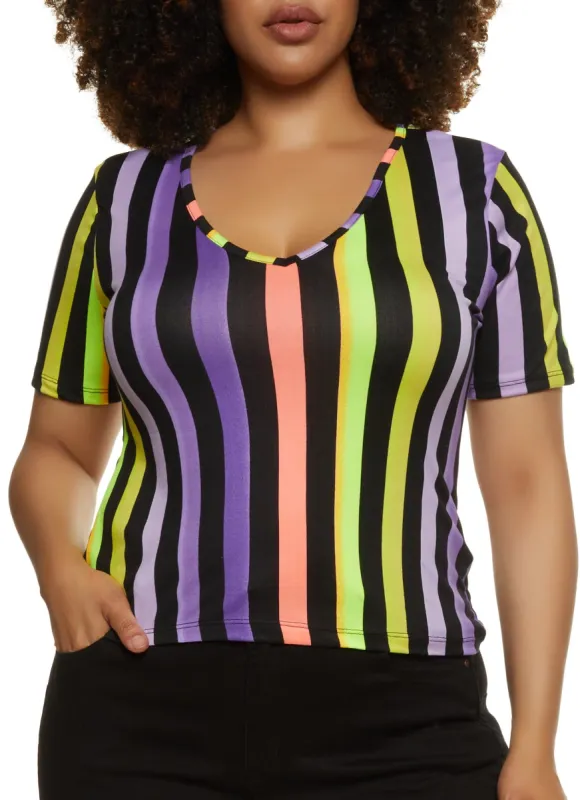 Plus Size Rainbow Striped V Neck Tee sold by Rainbow