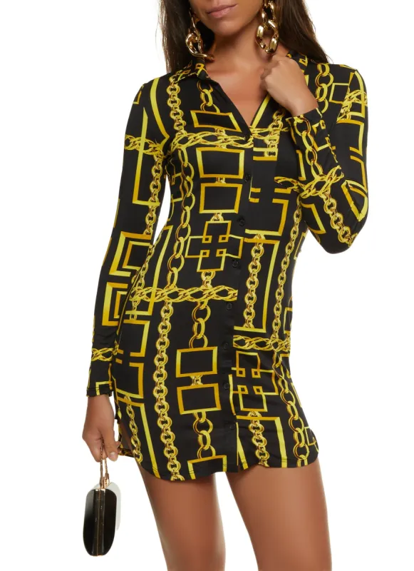 Chain Print Button Front Mini Shirt Dress sold by Rainbow