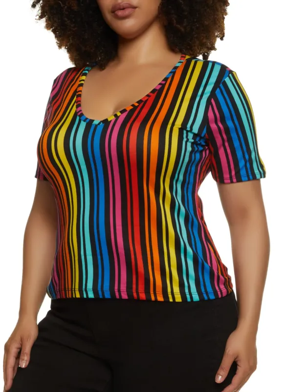 Plus Size Rainbow Striped V Neck Tee sold by Rainbow