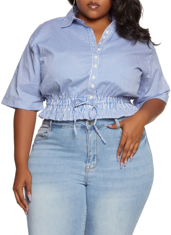 Plus Size Striped Drawstring Hem Button Down Shirt sold by Rainbow