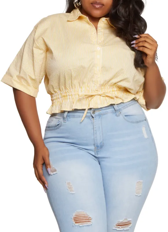 Plus Size Striped Drawstring Hem Button Down Shirt sold by Rainbow
