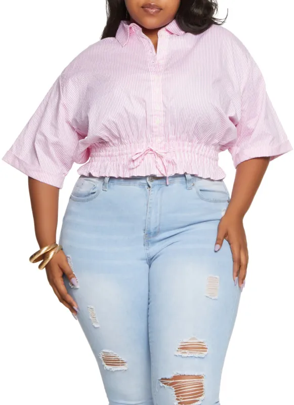 Plus Size Striped Drawstring Hem Button Down Shirt sold by Rainbow