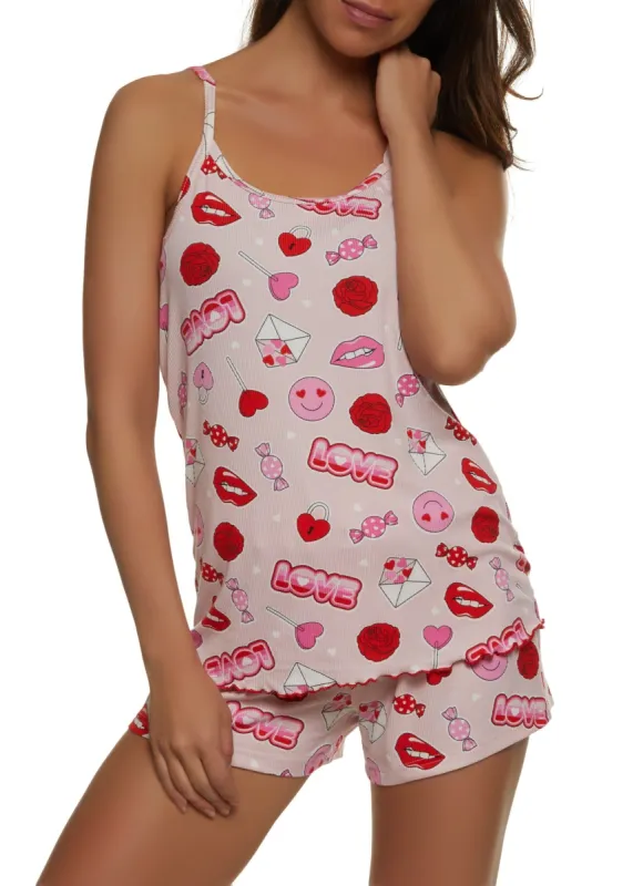 Ribbed Knit Love Graphic Print Pajama Cami and Shorts sold by Rainbow