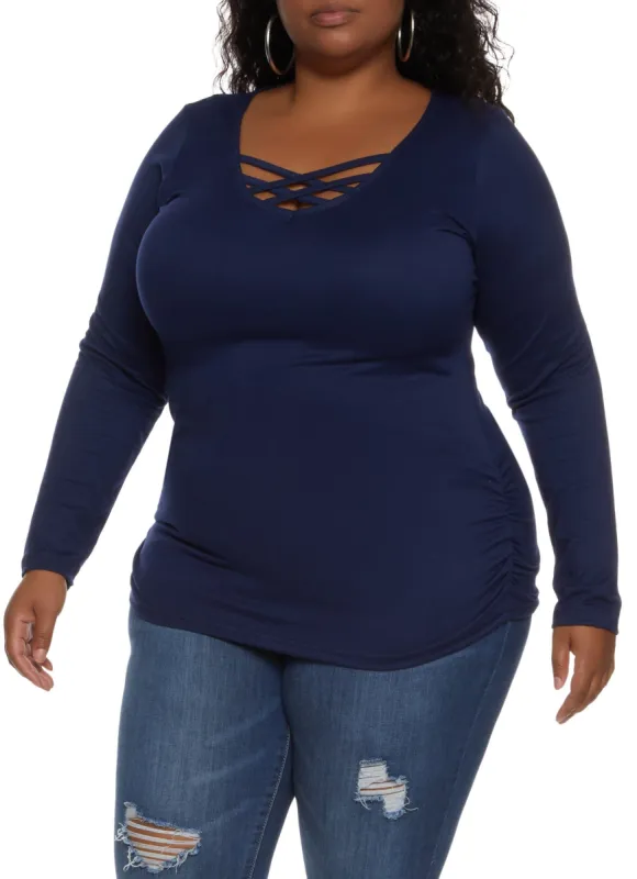 Plus Size Caged Front Long Sleeve Tee sold by Rainbow