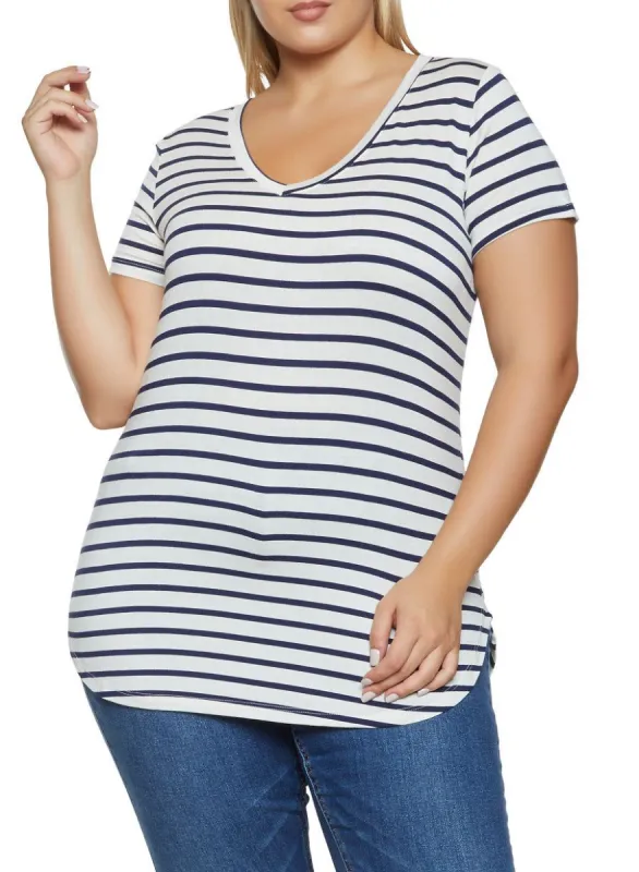 Plus Size V Neck Striped Top sold by Rainbow