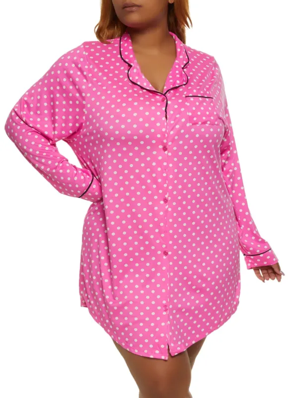 Plus Size Polka Dot Print Notch Collar Button Front Nightgown sold by Rainbow