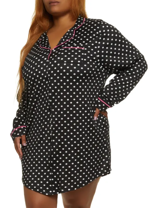 Plus Size Polka Dot Print Notch Collar Button Front Nightgown sold by Rainbow