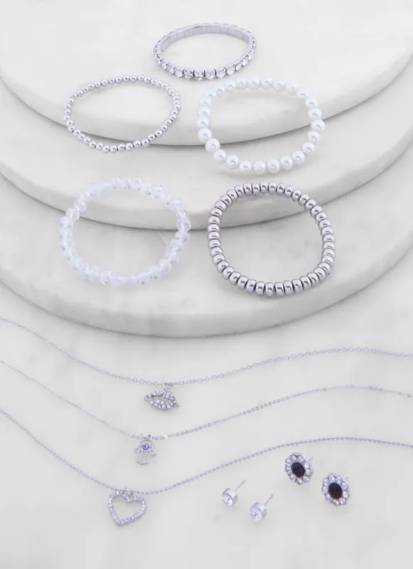 Heart Layered Necklace with Beaded Bracelets and Stud Earrings sold by Rainbow