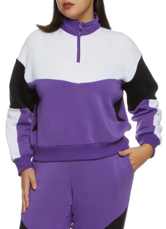 Plus Size Color Blocked Zip Neck Sweatshirt sold by Rainbow