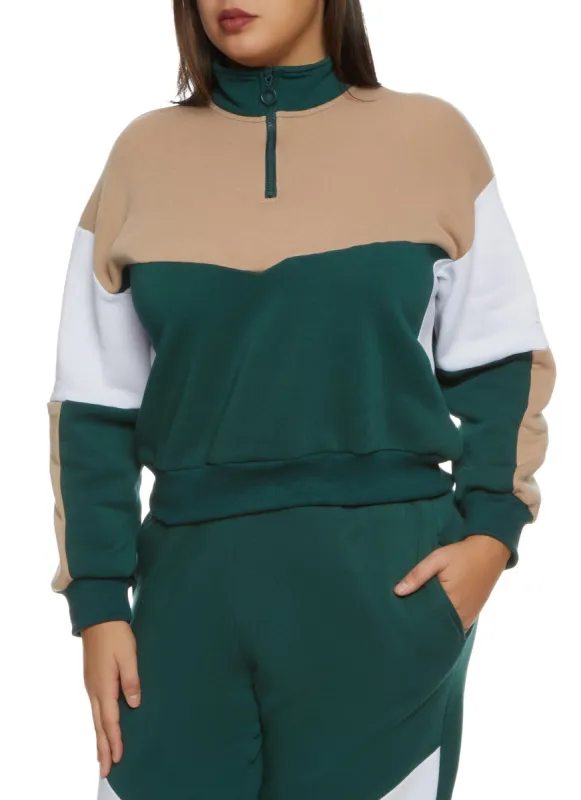Plus Size Color Blocked Zip Neck Sweatshirt sold by Rainbow
