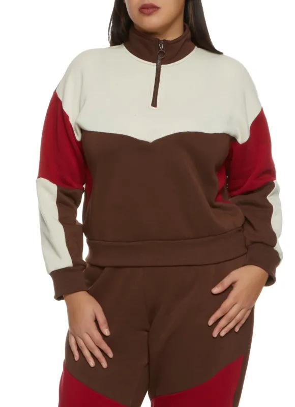 Plus Size Color Blocked Zip Neck Sweatshirt sold by Rainbow