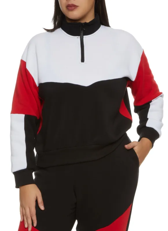 Plus Size Color Blocked Zip Neck Sweatshirt sold by Rainbow