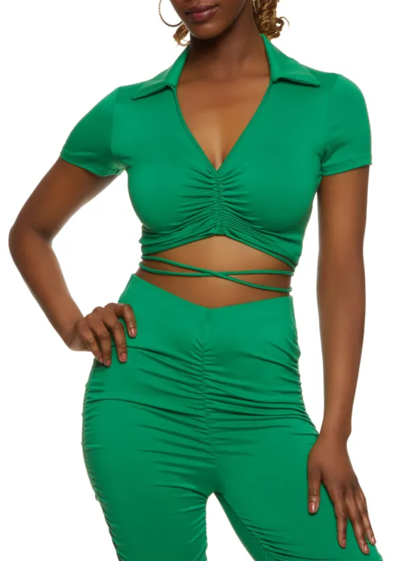 Criss Cross Tie Back Ruched Crop Top sold by Rainbow