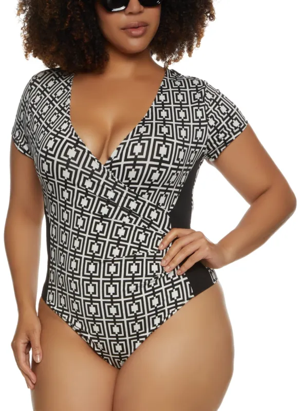 Plus Size Printed Faux Wrap Bodysuit sold by Rainbow