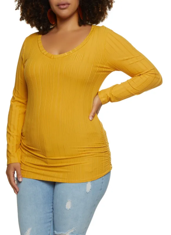 Plus Size Ribbed Knit Long Sleeve Ruched Top sold by Rainbow