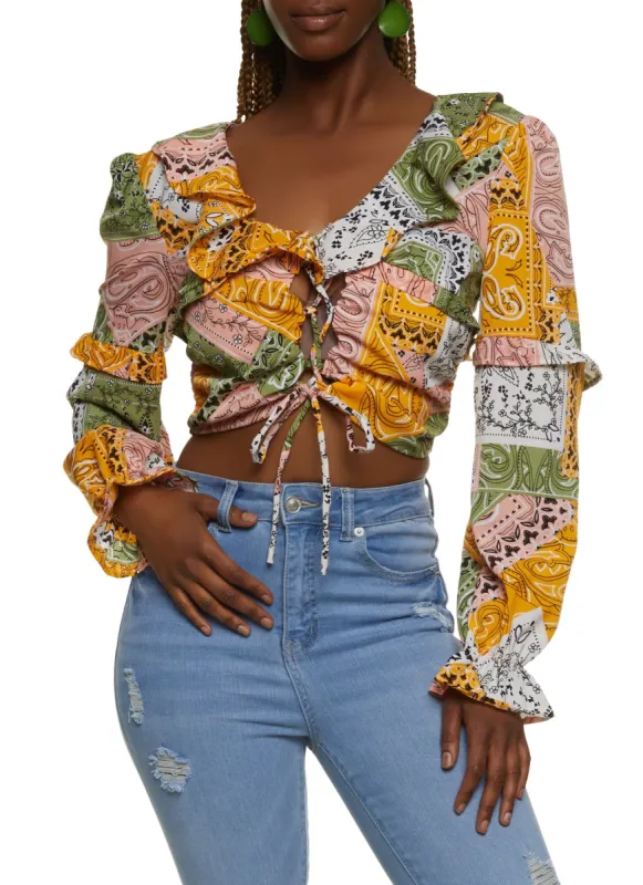Patterned Lace Up Front Blouse sold by Rainbow