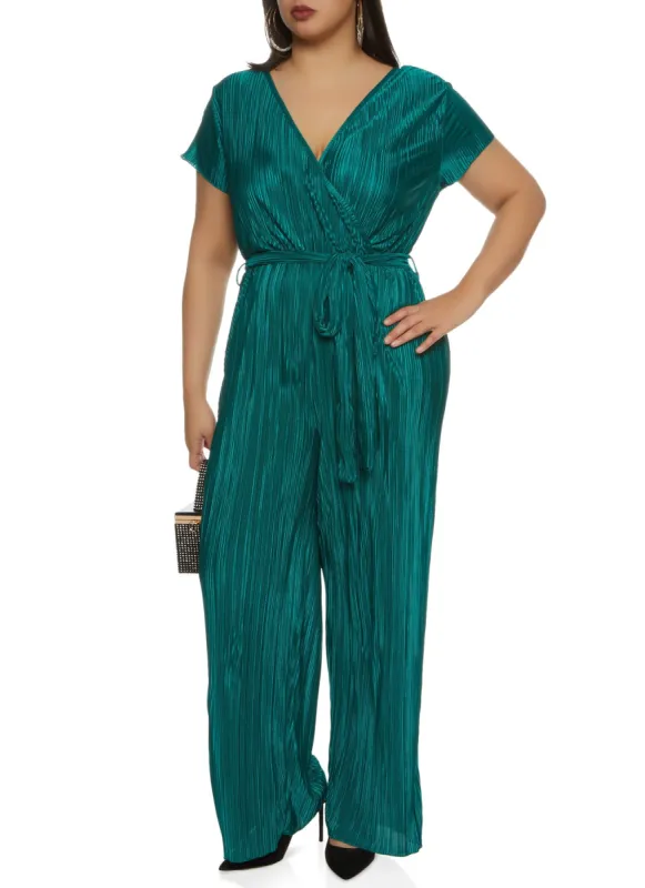 Plus Size Plisse Tie Waist Belted Jumpsuit sold by Rainbow