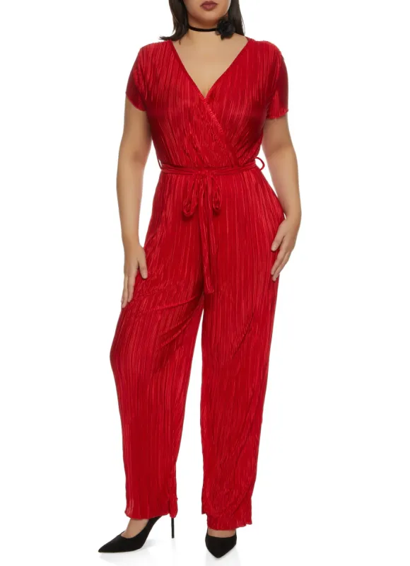Plus Size Plisse Tie Waist Belted Jumpsuit sold by Rainbow