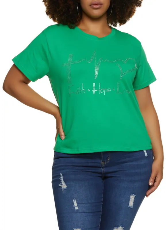 Plus Size Faith Hope Love Rhinestone Graphic Tee sold by Rainbow