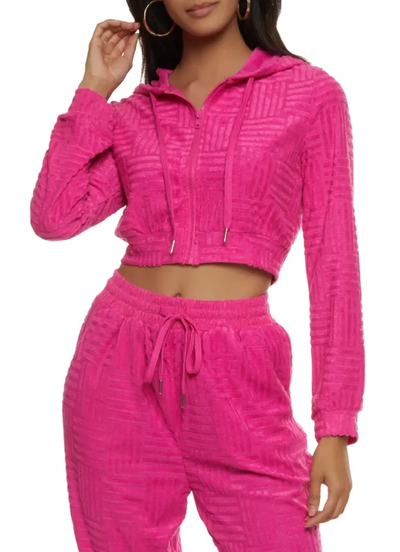 Terry Cloth Zip Front Cropped Hooded Sweatshirt sold by Rainbow