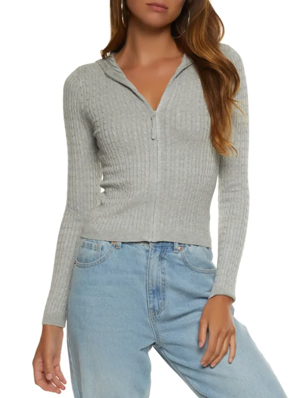 Cable Knit Zip Front Hooded Sweater sold by Rainbow