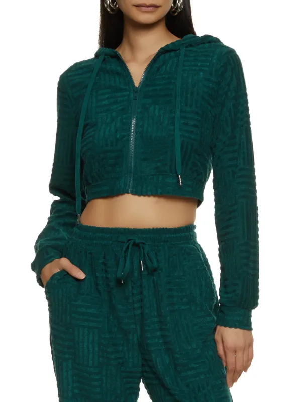 Terry Cloth Zip Front Cropped Hooded Sweatshirt sold by Rainbow