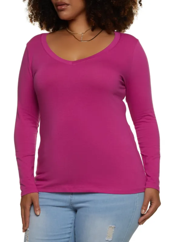 Plus Size Basic V Neck Long Sleeve Tee sold by Rainbow