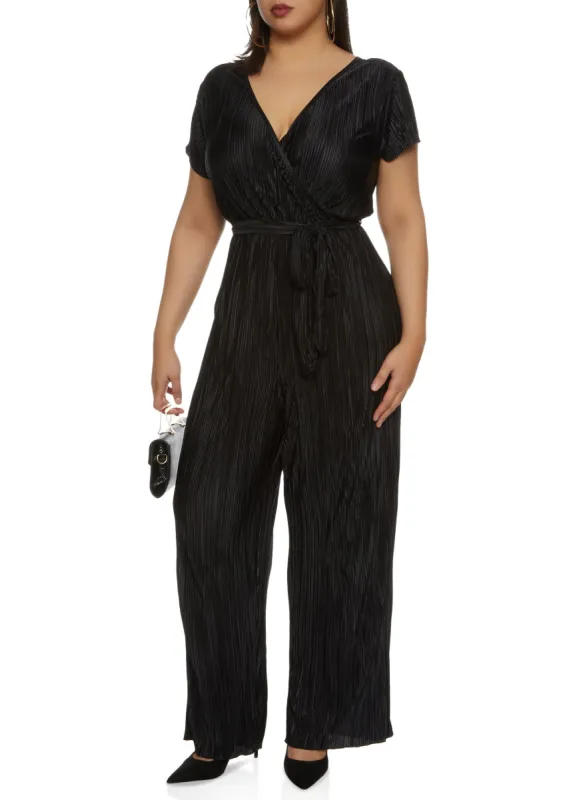Plus Size Plisse Tie Waist Belted Jumpsuit sold by Rainbow