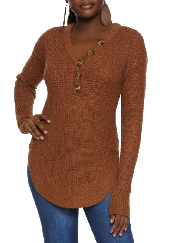 Waffle Knit Faux Button Detail Sweater sold by Rainbow