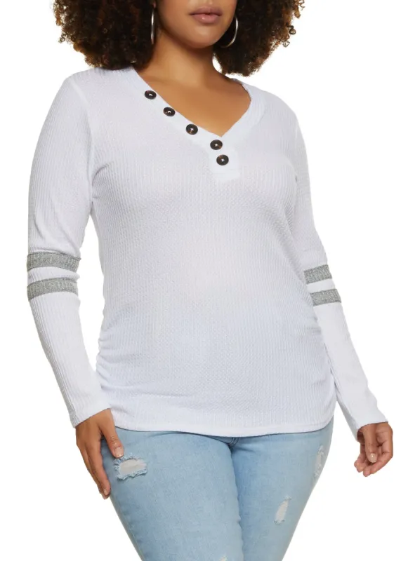 Plus Size Waffle Knit Faux Button Detail Top sold by Rainbow