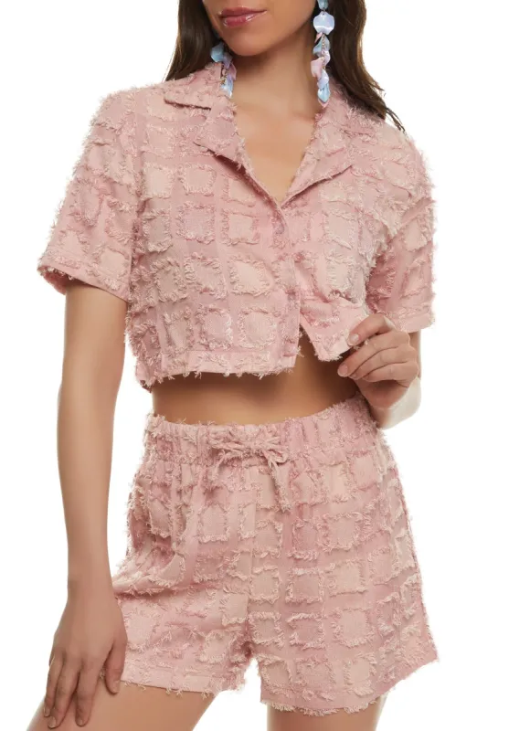 Frayed Button Front Cropped Shirt sold by Rainbow