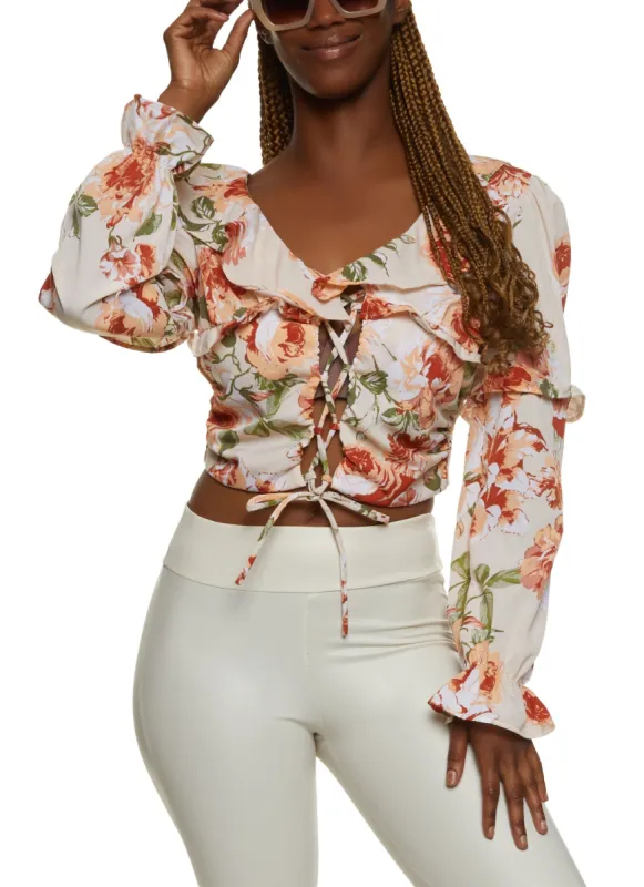 Patterned Lace Up Front Blouse made by Rainbow