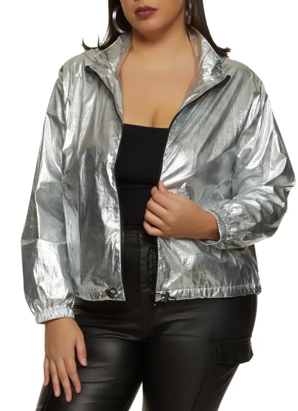 Plus Size Metallic Hooded Windbreaker Jacket sold by Rainbow