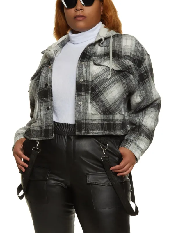 Plus Size Plaid Hooded Cropped Shacket sold by Rainbow