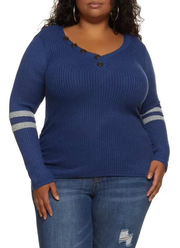 Plus Size Waffle Knit Faux Button Detail Top sold by Rainbow