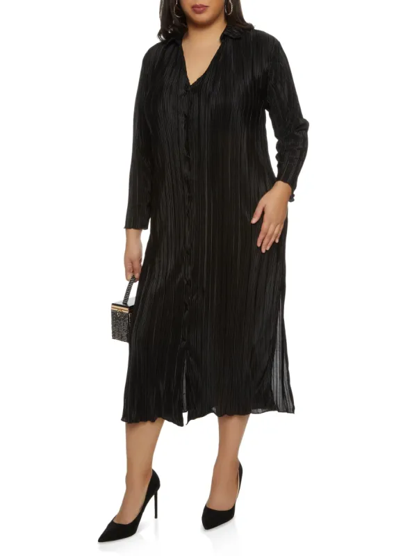 Plus Size Plisse Button Front Maxi Shirt Dress sold by Rainbow