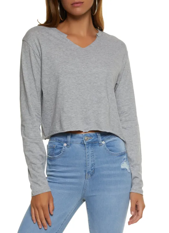 Notch Neck Raw Hem Crop Top sold by Rainbow