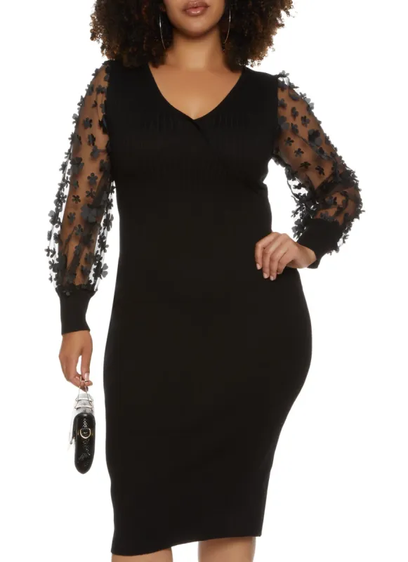 Plus Size Flower Organza Sleeve Midi Dress sold by Rainbow