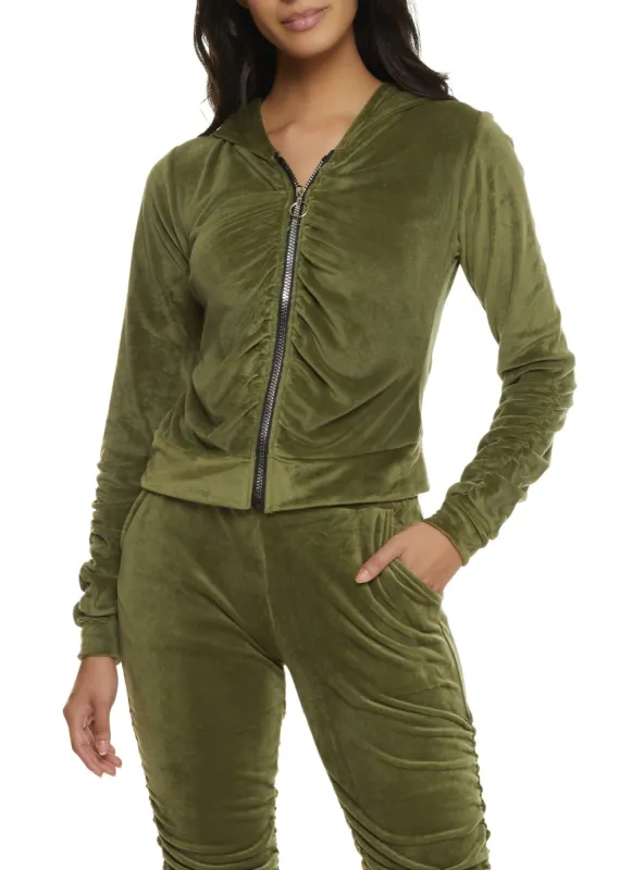 Solid Velour Ruched Zip Front Hoodie sold by Rainbow