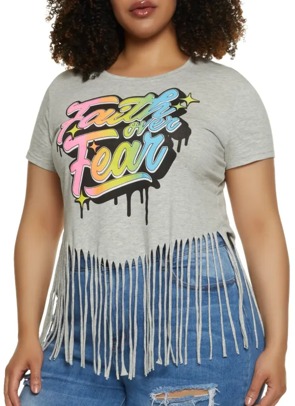 Plus Size Faith Over Fear Fringe Tee sold by Rainbow