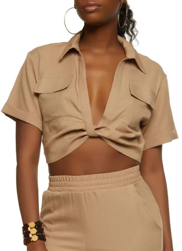 Crepe Knit Twist Front Pocket Shirt sold by Rainbow