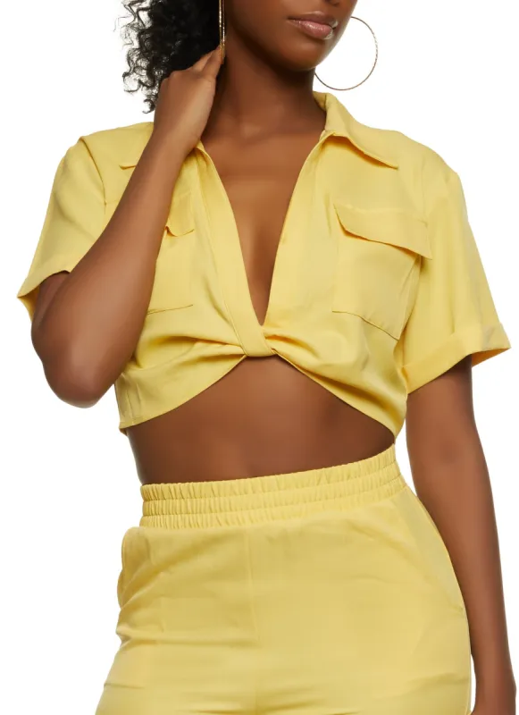 Crepe Knit Twist Front Pocket Shirt sold by Rainbow