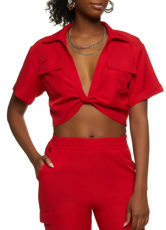 Crepe Knit Twist Front Pocket Shirt sold by Rainbow