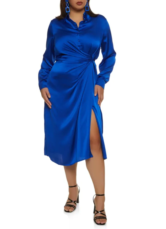 Plus Size Satin Half Button Faux Wrap Dress sold by Rainbow