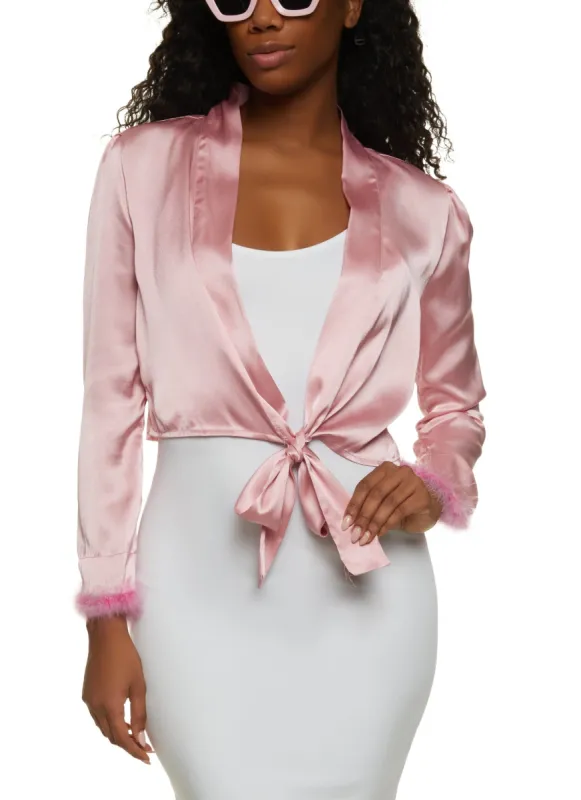 Feather Trim Satin Tie Front Blouse sold by Rainbow