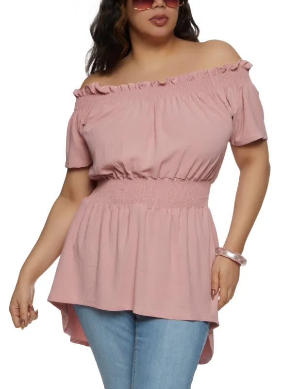 Plus Size Solid Smocked Off the Shoulder Blouse sold by Rainbow