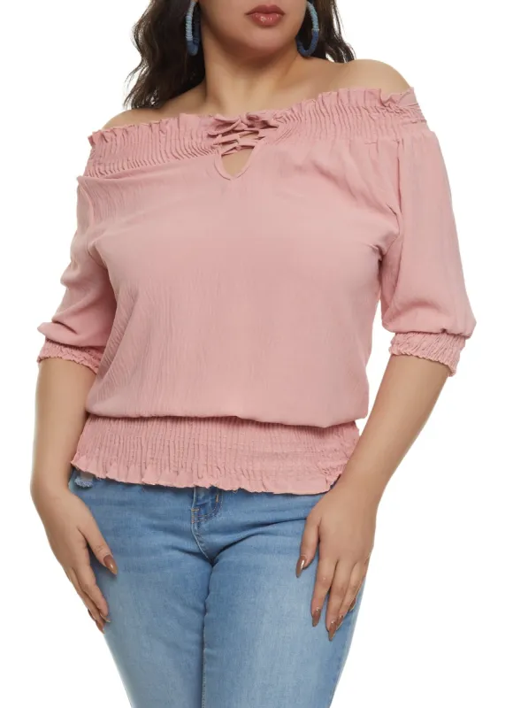 Plus Size Lace Up Front Off the Shoulder Peasant Top sold by Rainbow
