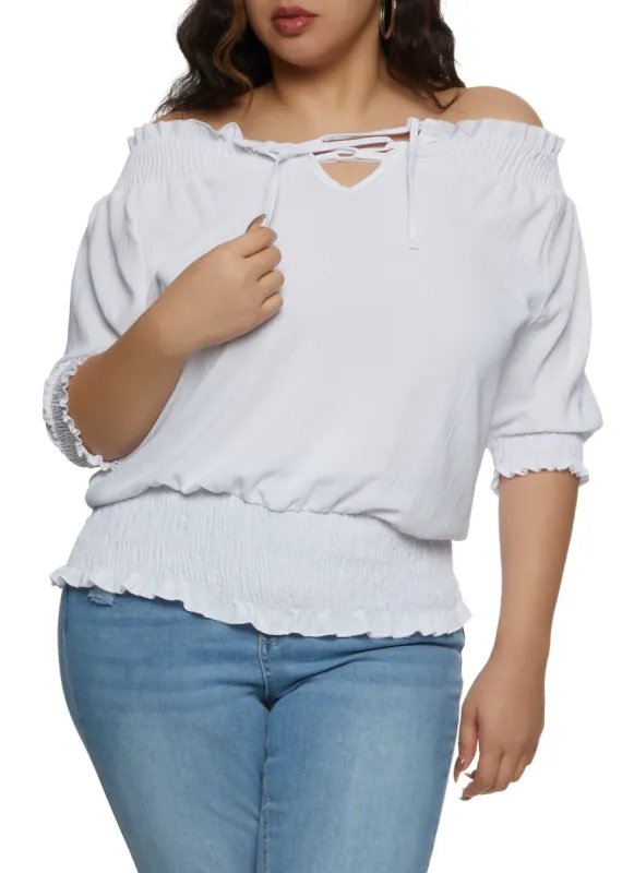 Plus Size Lace Up Front Off the Shoulder Peasant Top sold by Rainbow
