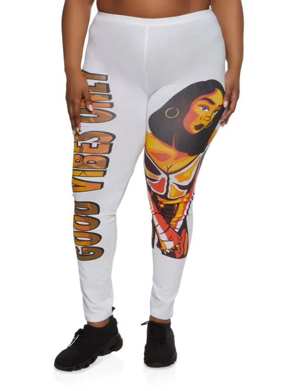 Plus Size High Waist Good Vibes Only Graphic Leggings sold by Rainbow